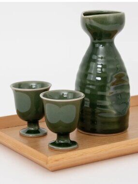Handmade Matcha Green Sake Bottle AND CUP SET